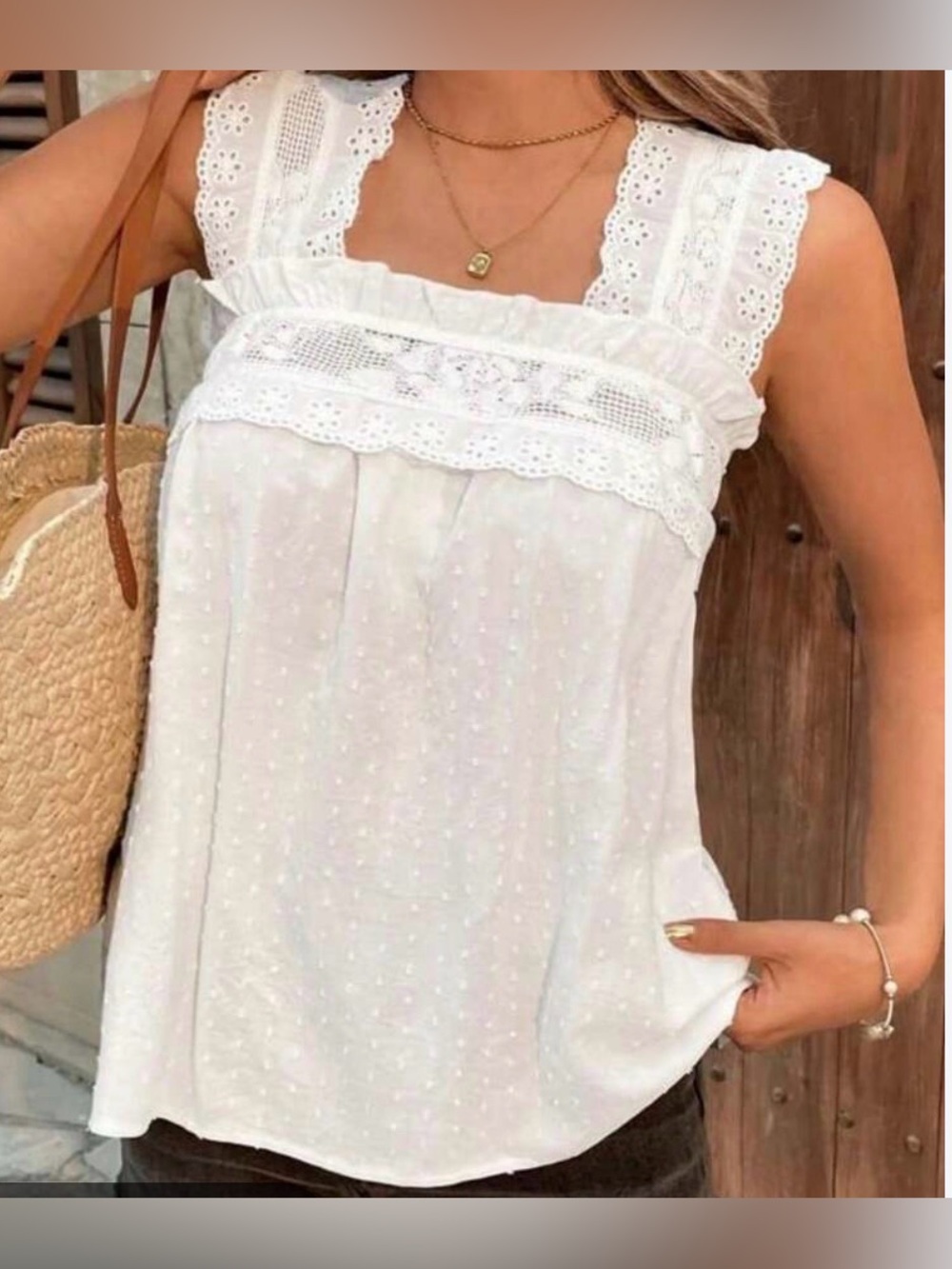 SHEIN Lace Strap/Rushed Detail Camisole - White - L